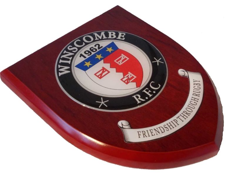 Presentation shield with round shaped centrepiece and scroll.